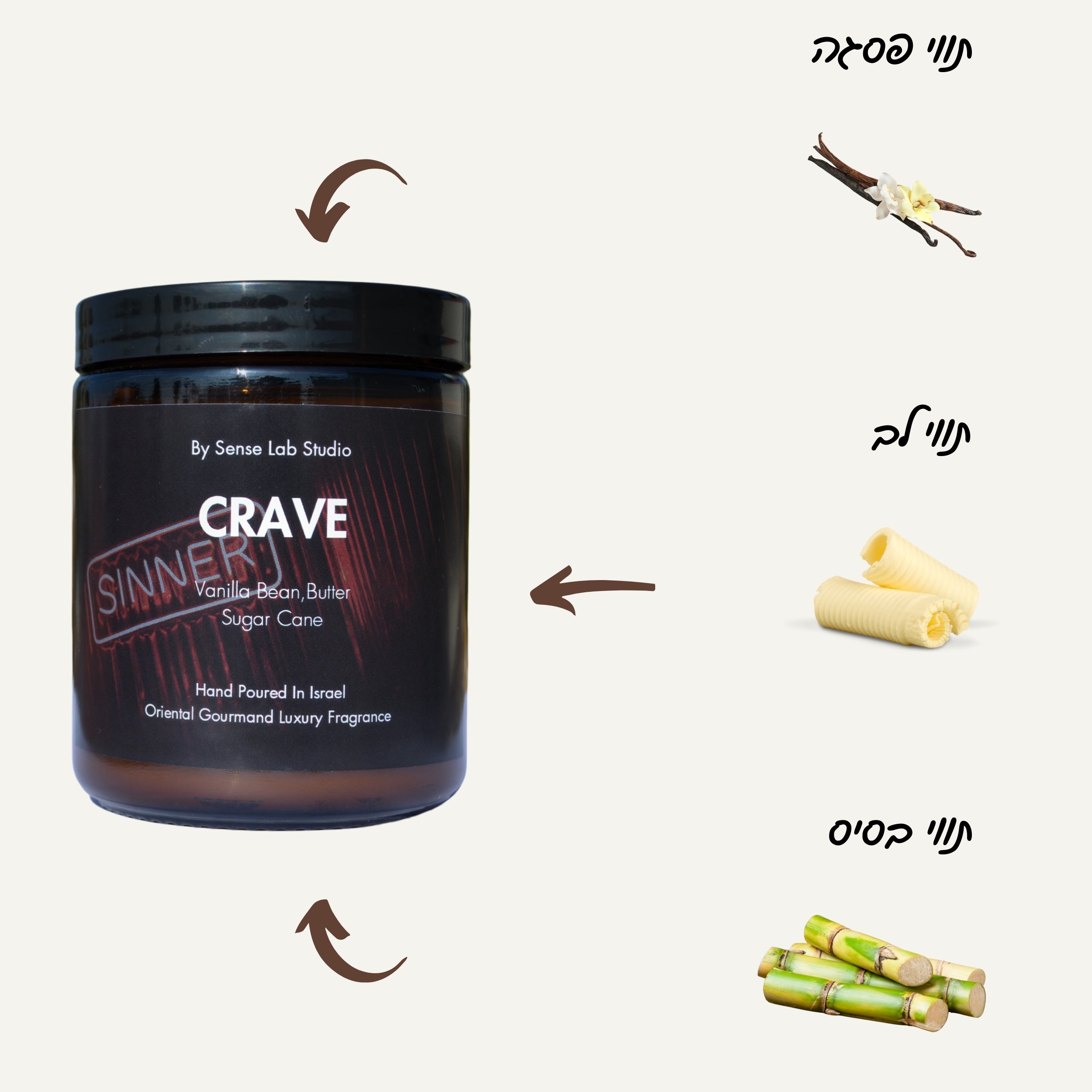 CRAVE - נר ריחני איכותי בניחוח וניל וחמאה | 100% שעוות סויה