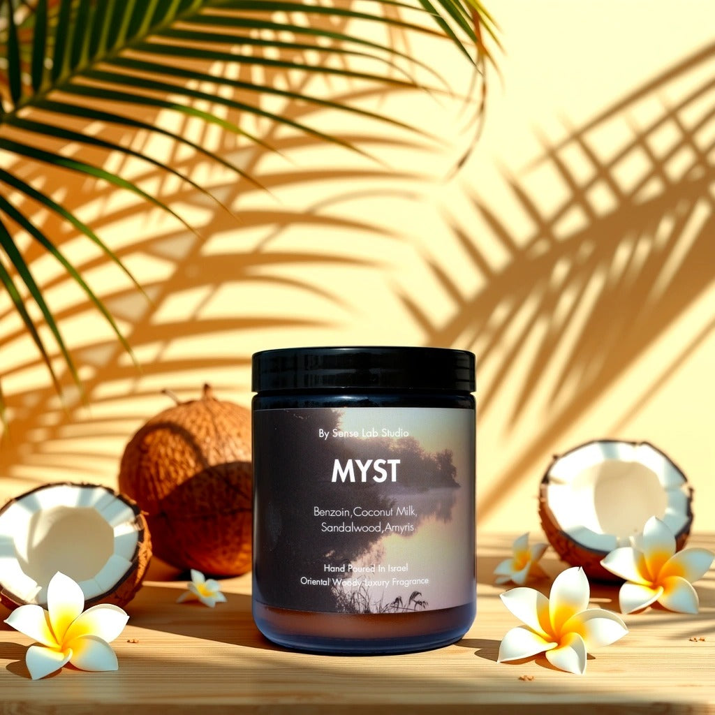 MYST - נר ריחני איכותי בניחוח סנטל וקוקוס קרמי